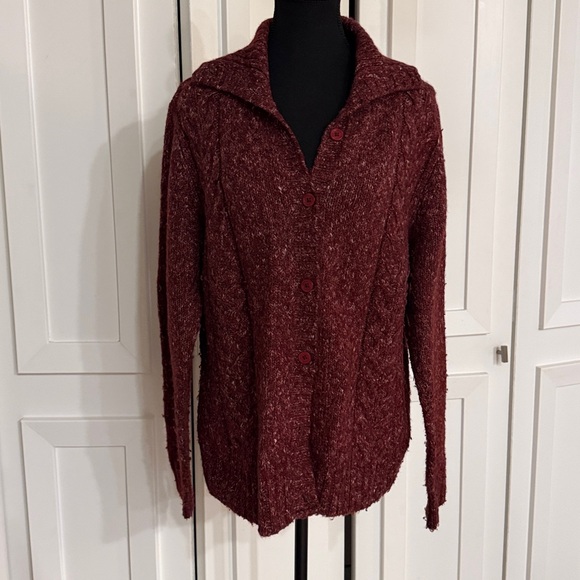 L.L. Bean Sweaters - LL Bean Women's Cardigan Sweater Size L Cable Knit Burgundy Button Up Wool Blend